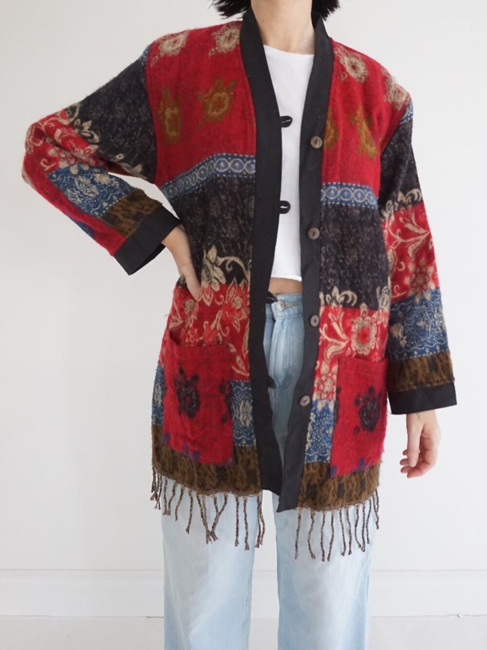 Vintage Red Black Floral Fringe Open Front Wool Cardigan Boho Tapestry XL